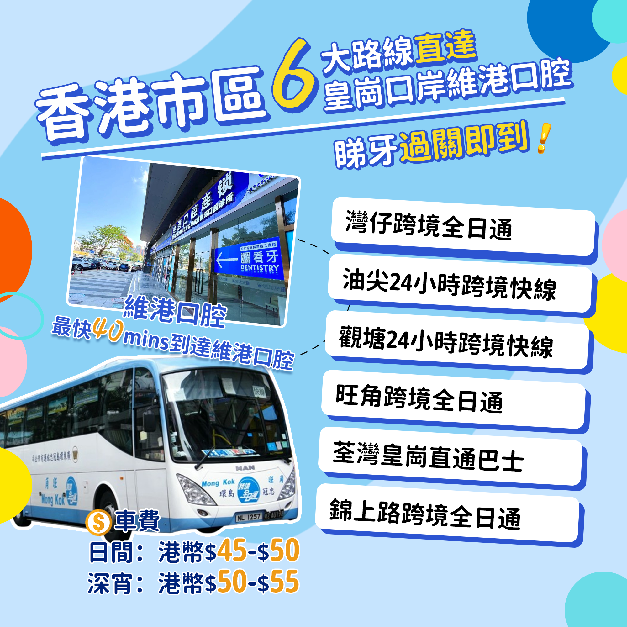 北上睇牙快速到達維港口腔 - 香港市區六大路線直達